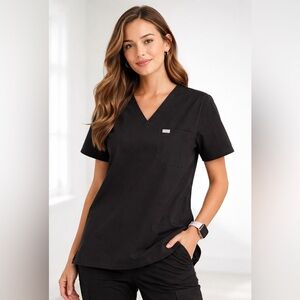 FIGS Black Scrub Top XL Technical Collection V-Neck Pocket